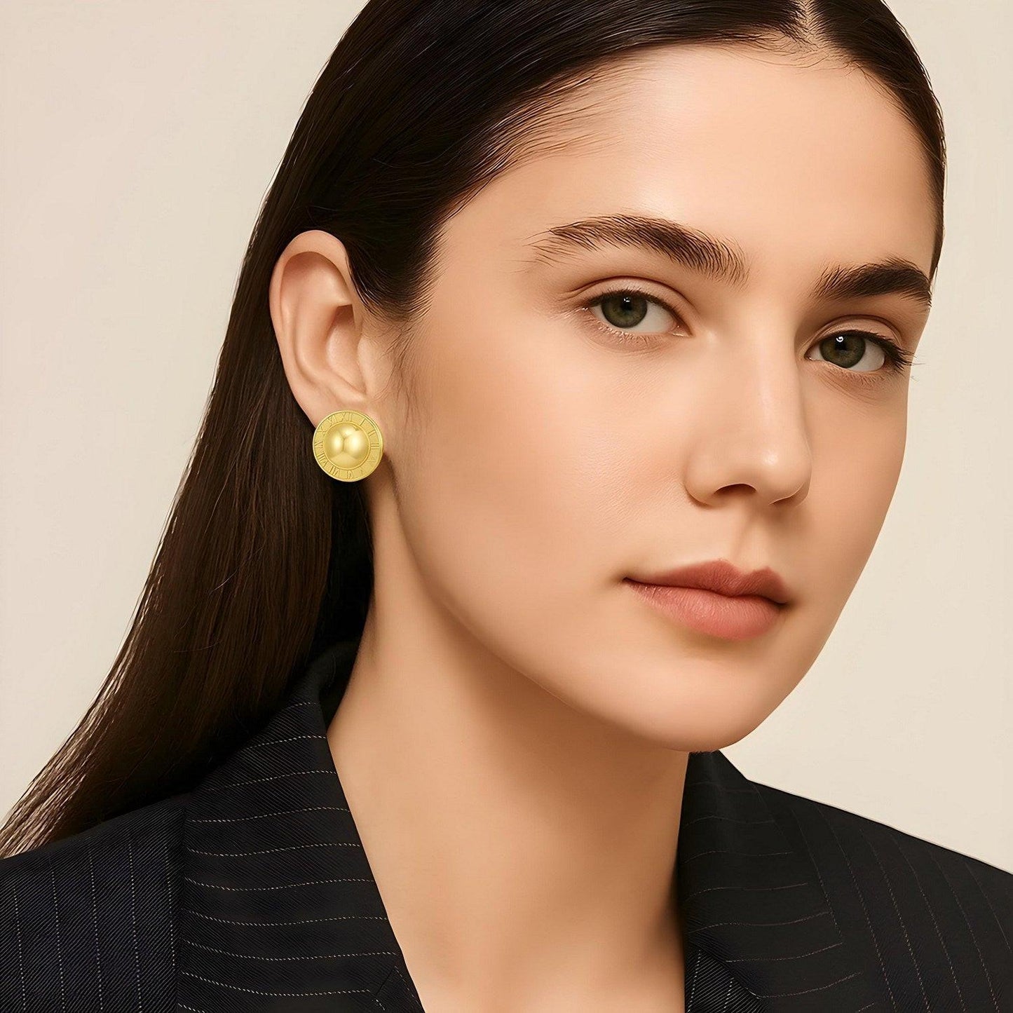 14K Yellow Gold Roman Numeral Button Stud Earrings