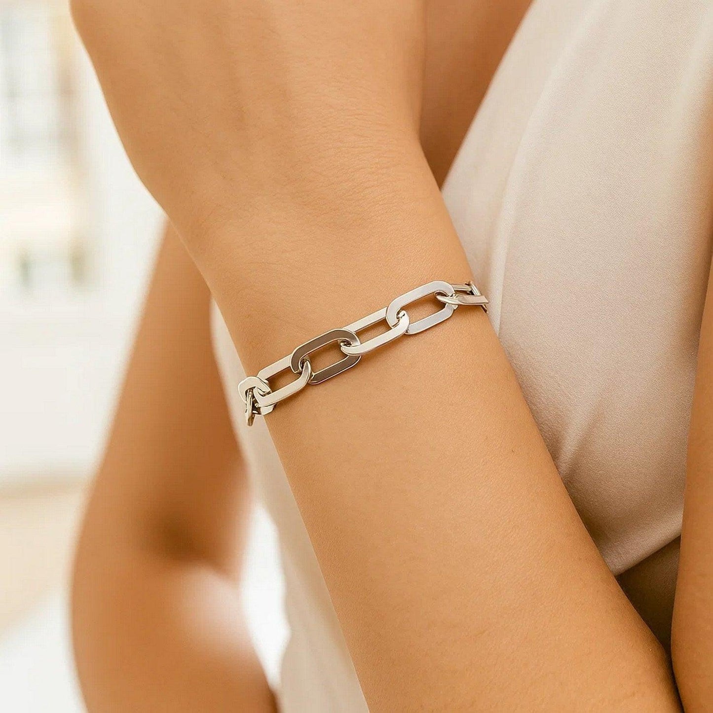 Sterling Silver Rhodium Plated Italian Link Paperclip Bracelet (10.30 mm)