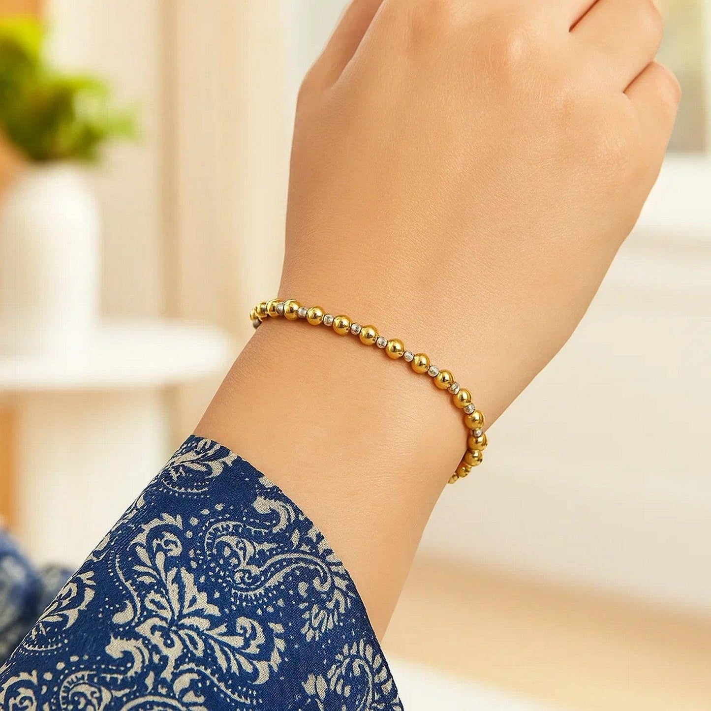 Two Tone Beaded Chain Bracelet in 14K Gold (4.00 mm)