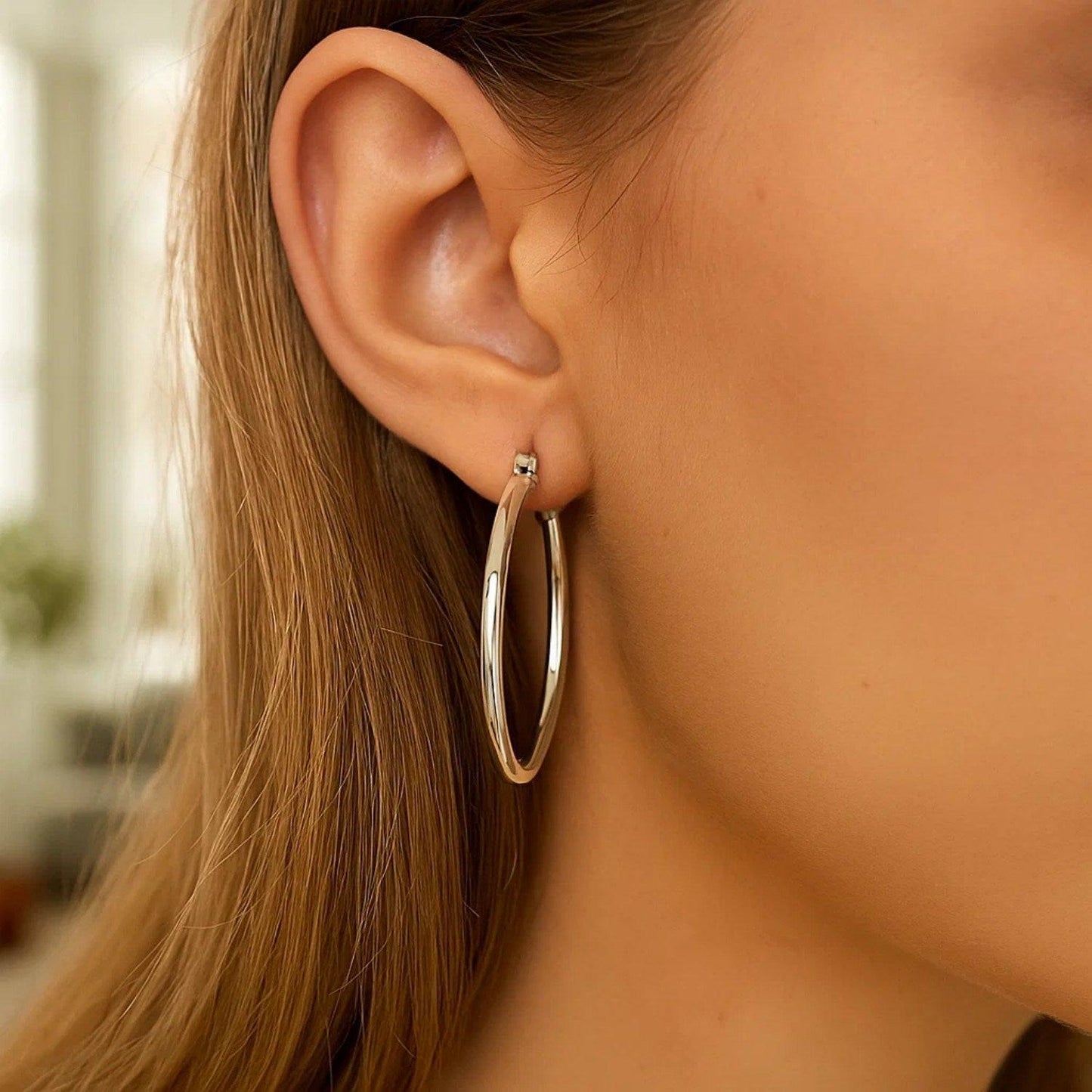 Sterling Silver Rhodium Plated Large Polished Classic Hoop Earrings (3x40mm)