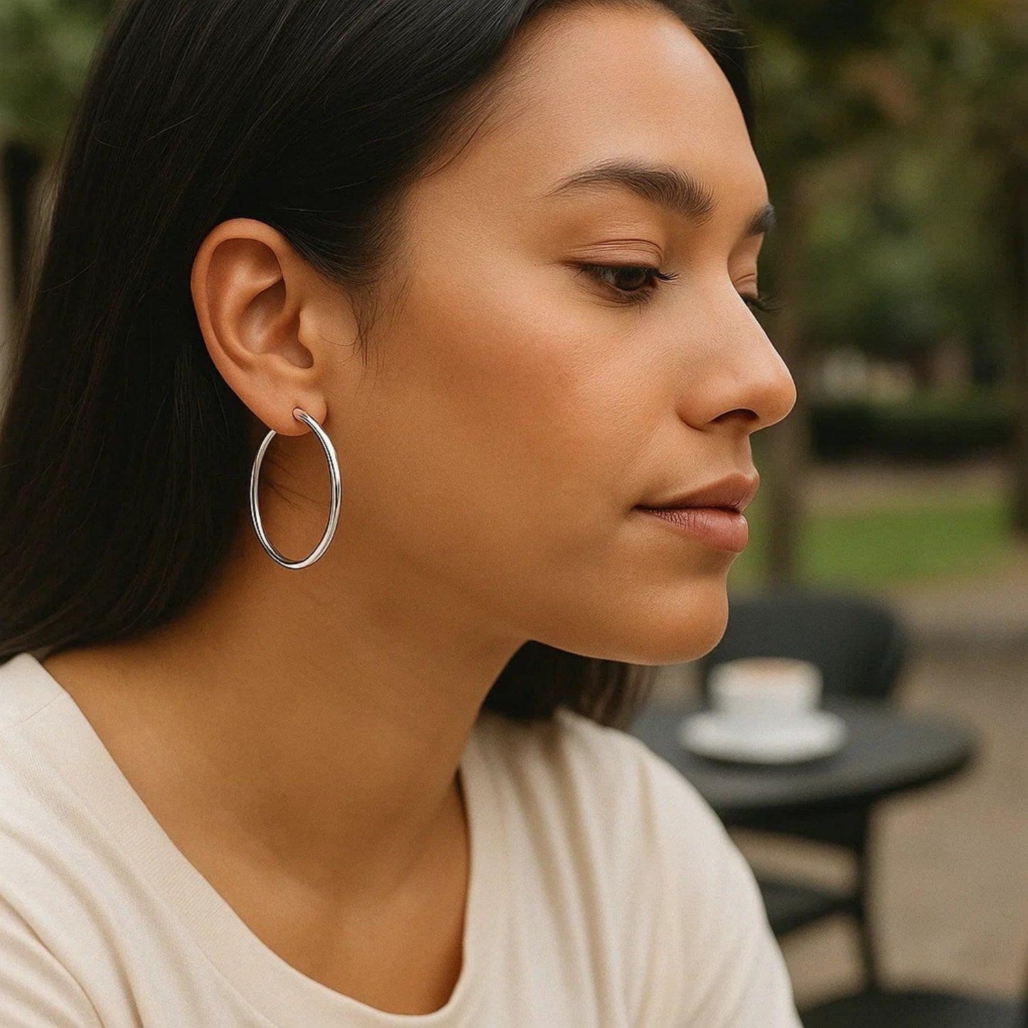 Sterling Silver Rhodium Plated Large Polished Classic Hoop Earrings (3x40mm)