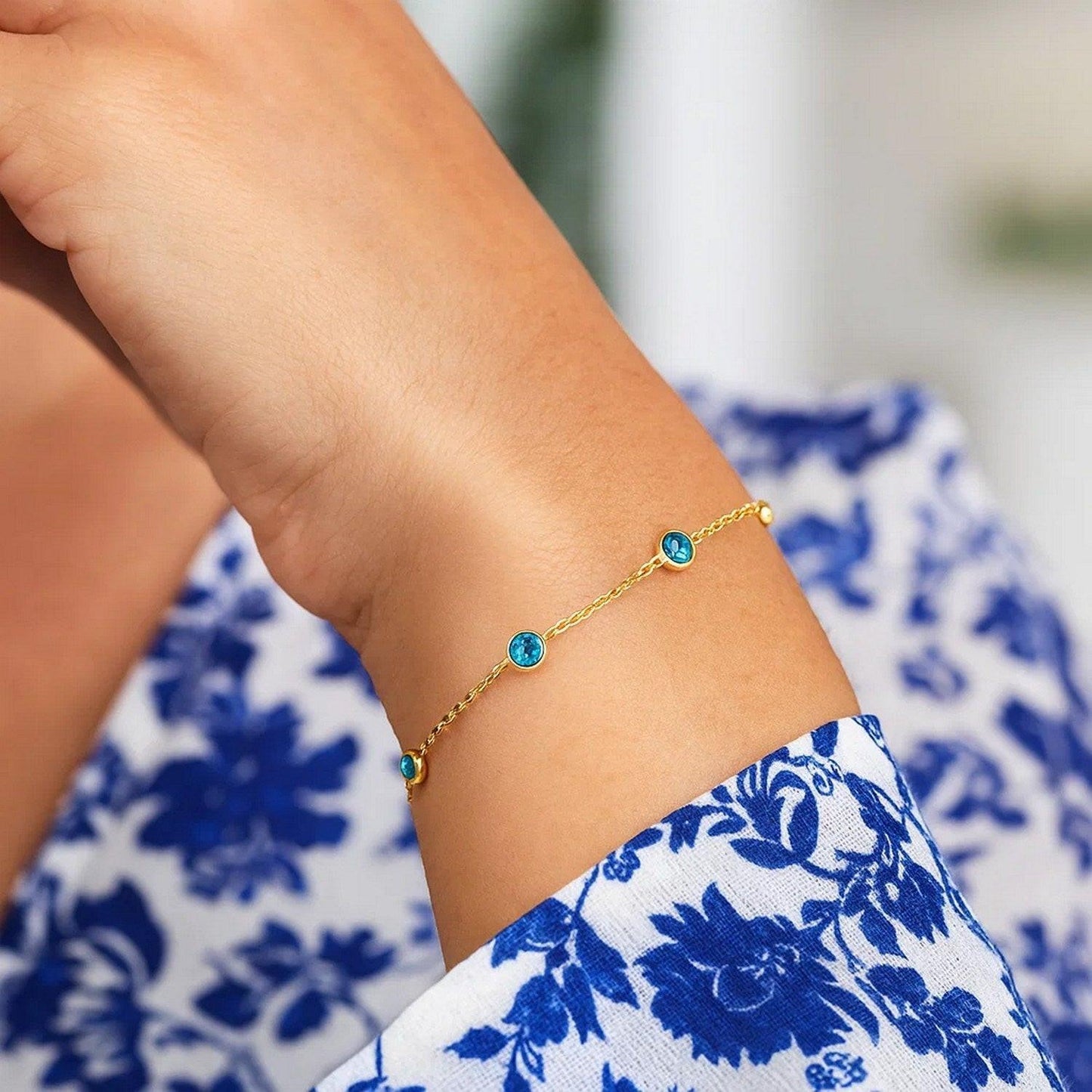 14K Yellow Gold Blue Topaz Station Bracelet