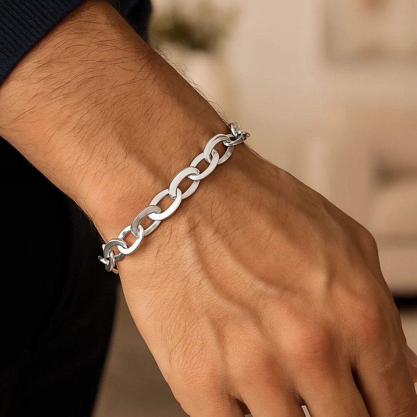 Sterling Silver Rhodium Plated Italian Oval Link Bracelet (8.70 mm)