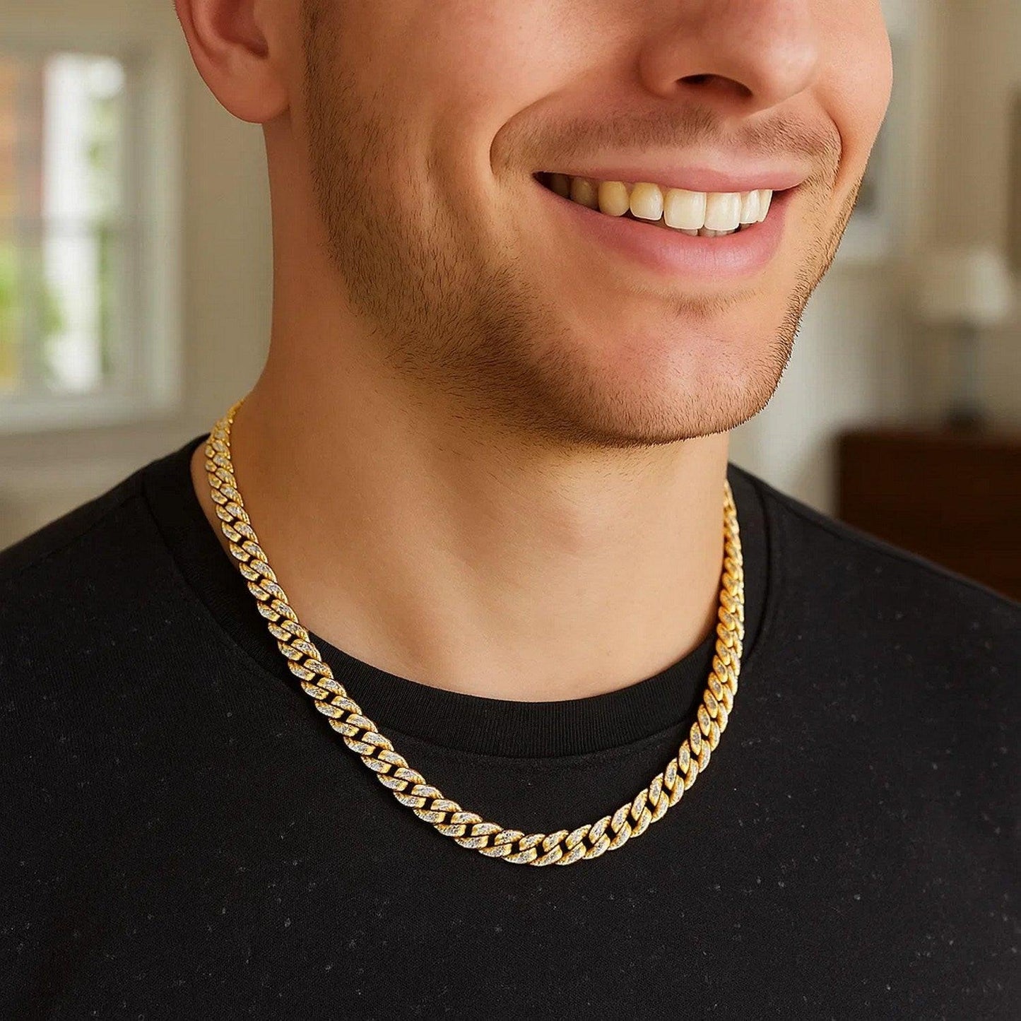 14k Yellow Gold White Pave High Polish Modern Lite Miami Cuban Chain (6.50 mm)