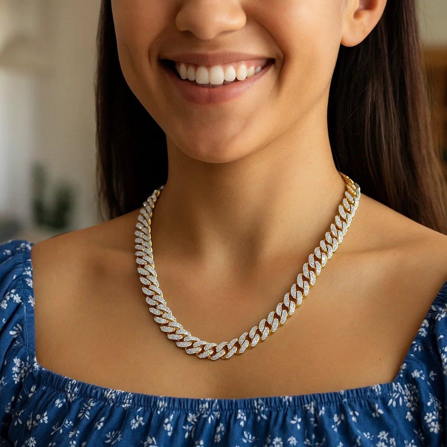 14k Yellow Gold White Pave High Polish Modern Lite Miami Cuban Chain (8.00 mm)