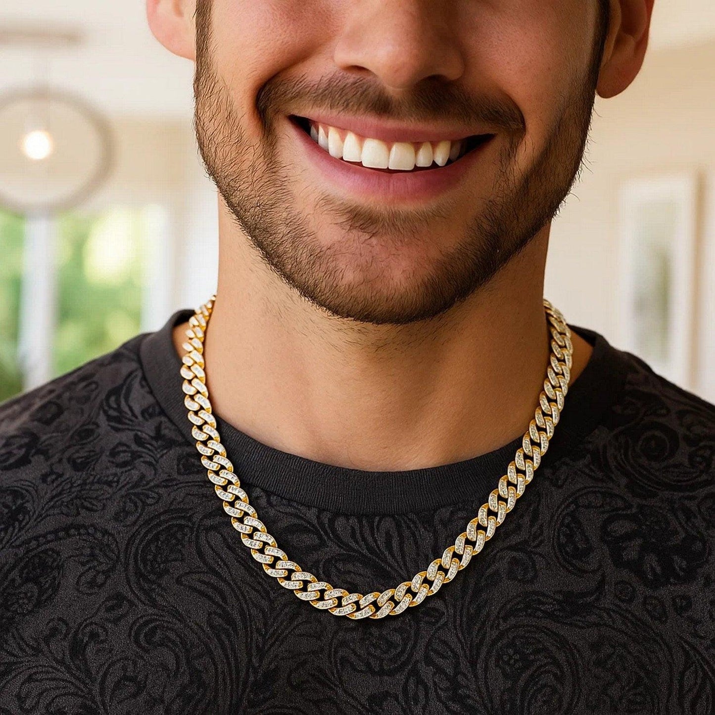 14k Yellow Gold White Pave High Polish Modern Lite Miami Cuban Chain (8.00 mm)