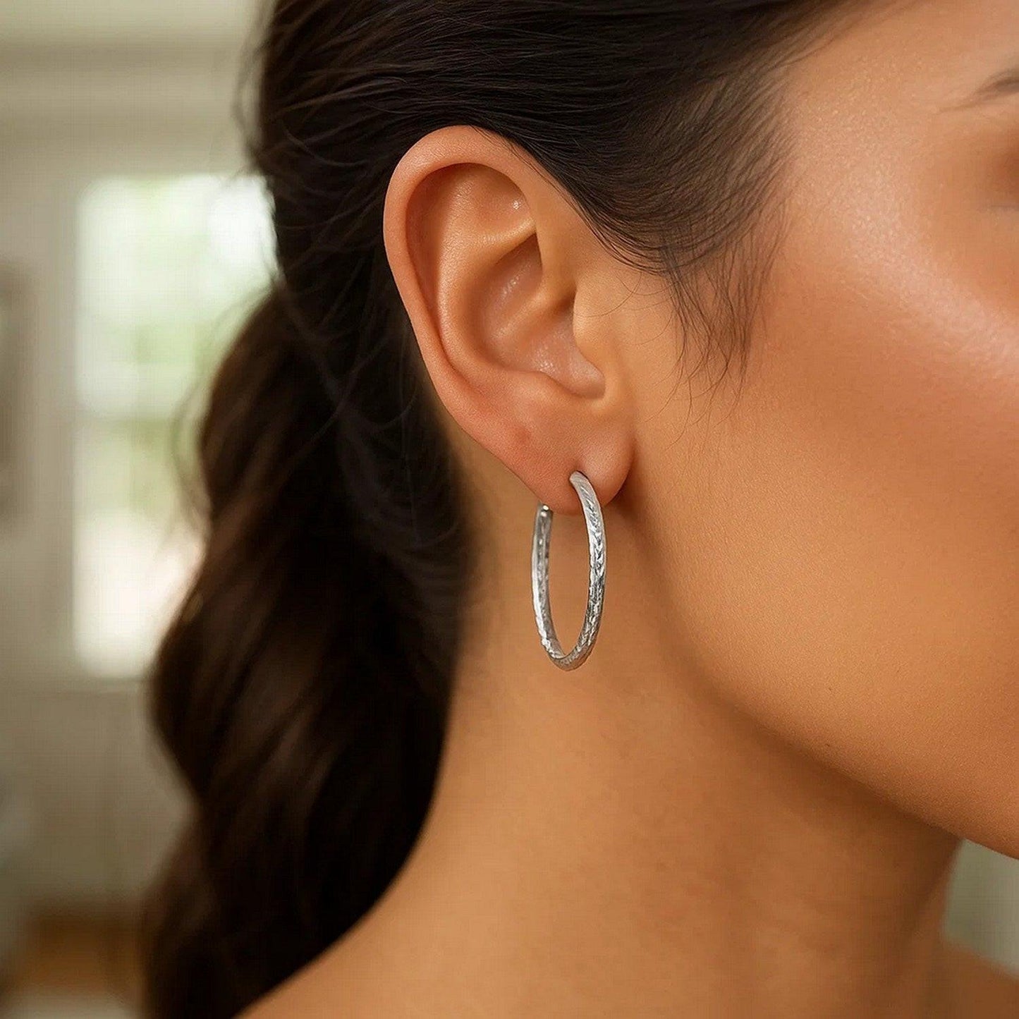 Sterling Silver Large Hoop Earrings with Hammered Texture(3x20mm)