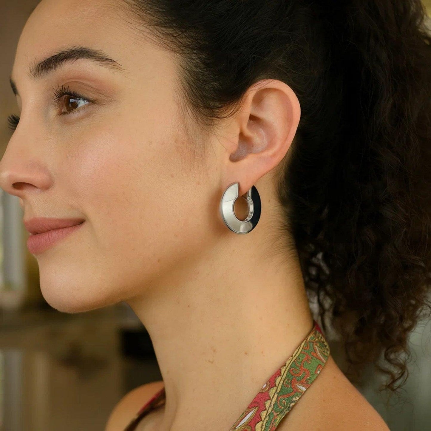 Sterling Silver Rhodium Plated Small Puffed Hoop Earrings