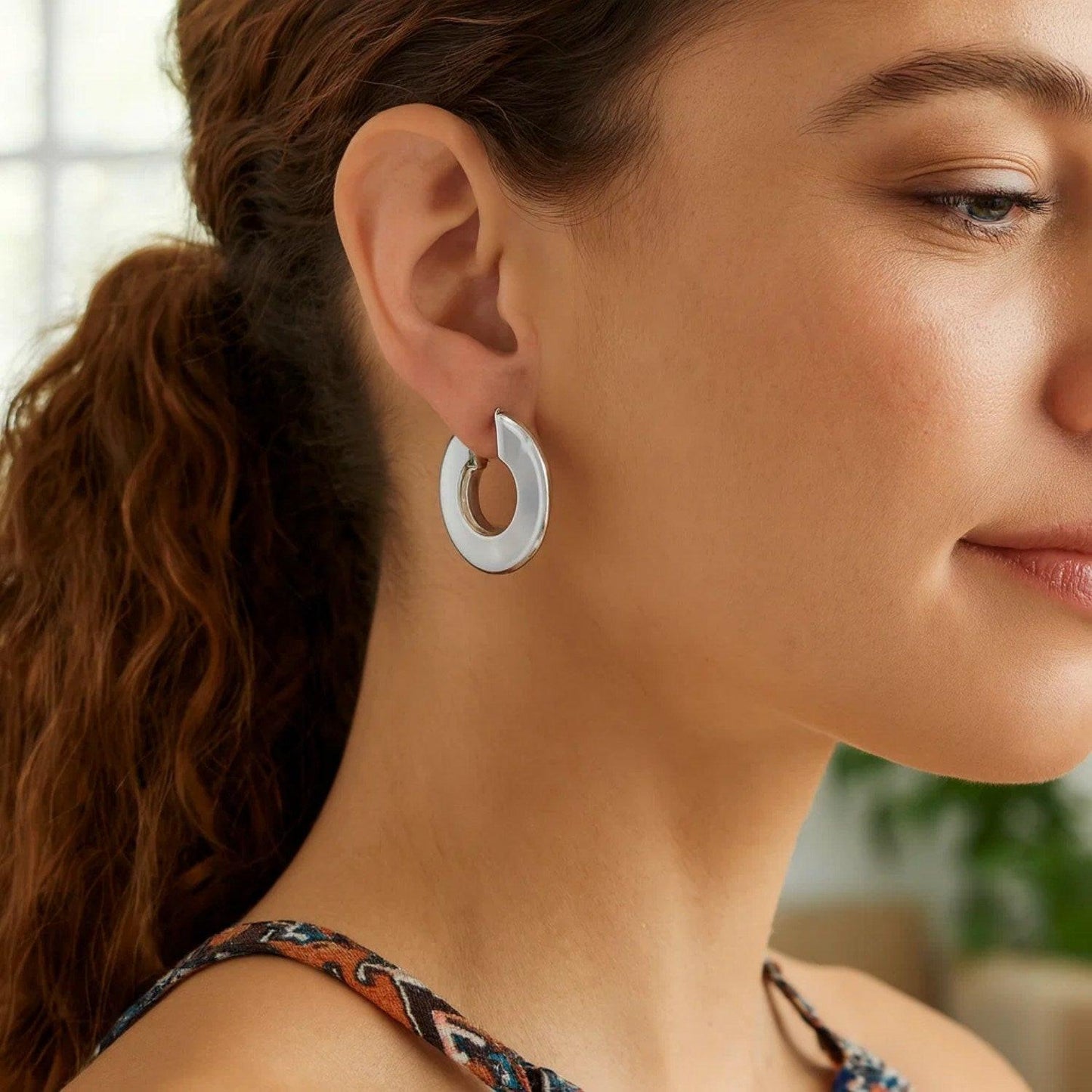 Sterling Silver Rhodium Plated Small Puffed Hoop Earrings