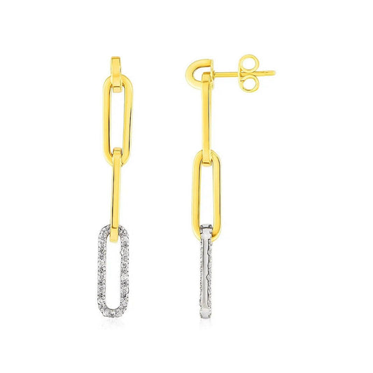 14k Yellow Gold Paperclip Chain Dangle Earrings with Diamonds