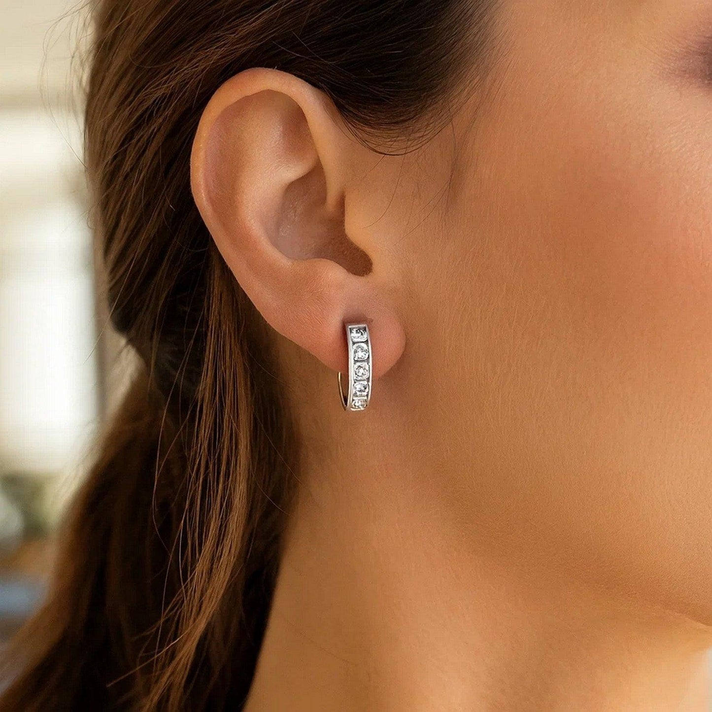 Sterling Silver Channel Set CZ Hoop Earrings (3x15 mm)