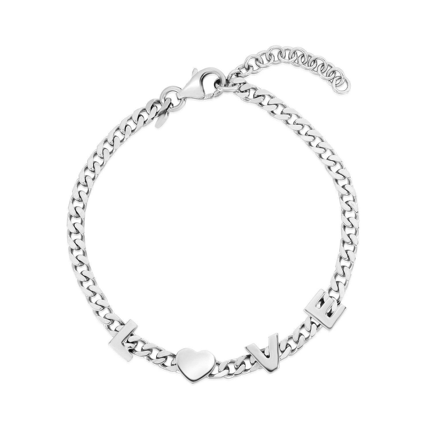 Sterling Silver Rhodium Plated Love Chain Bracelet