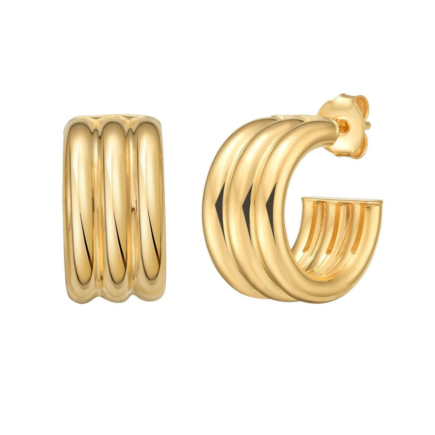 Sterling Silver Yellow Gold Plated Triple Row C Hoop Earrings