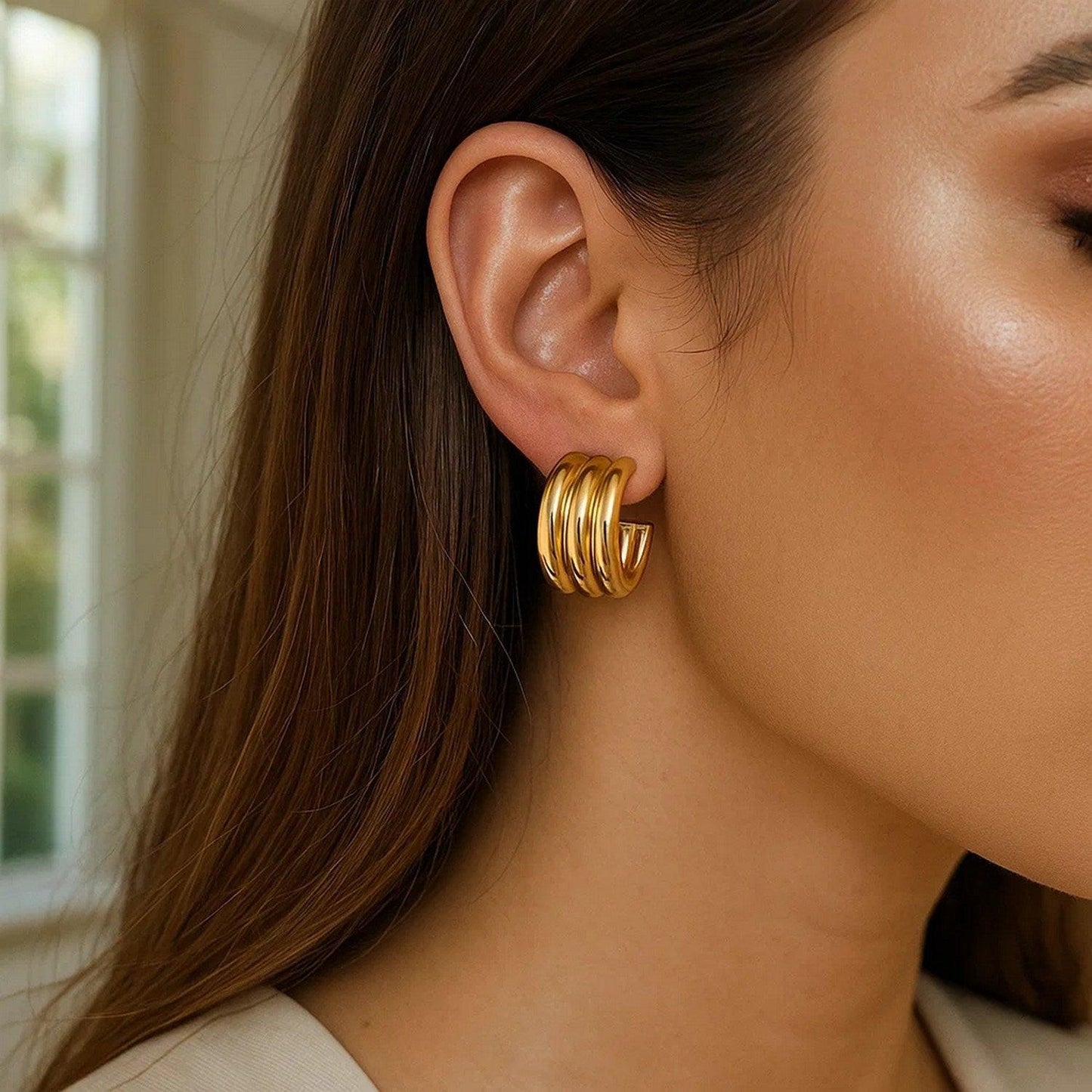 Sterling Silver Yellow Gold Plated Triple Row C Hoop Earrings