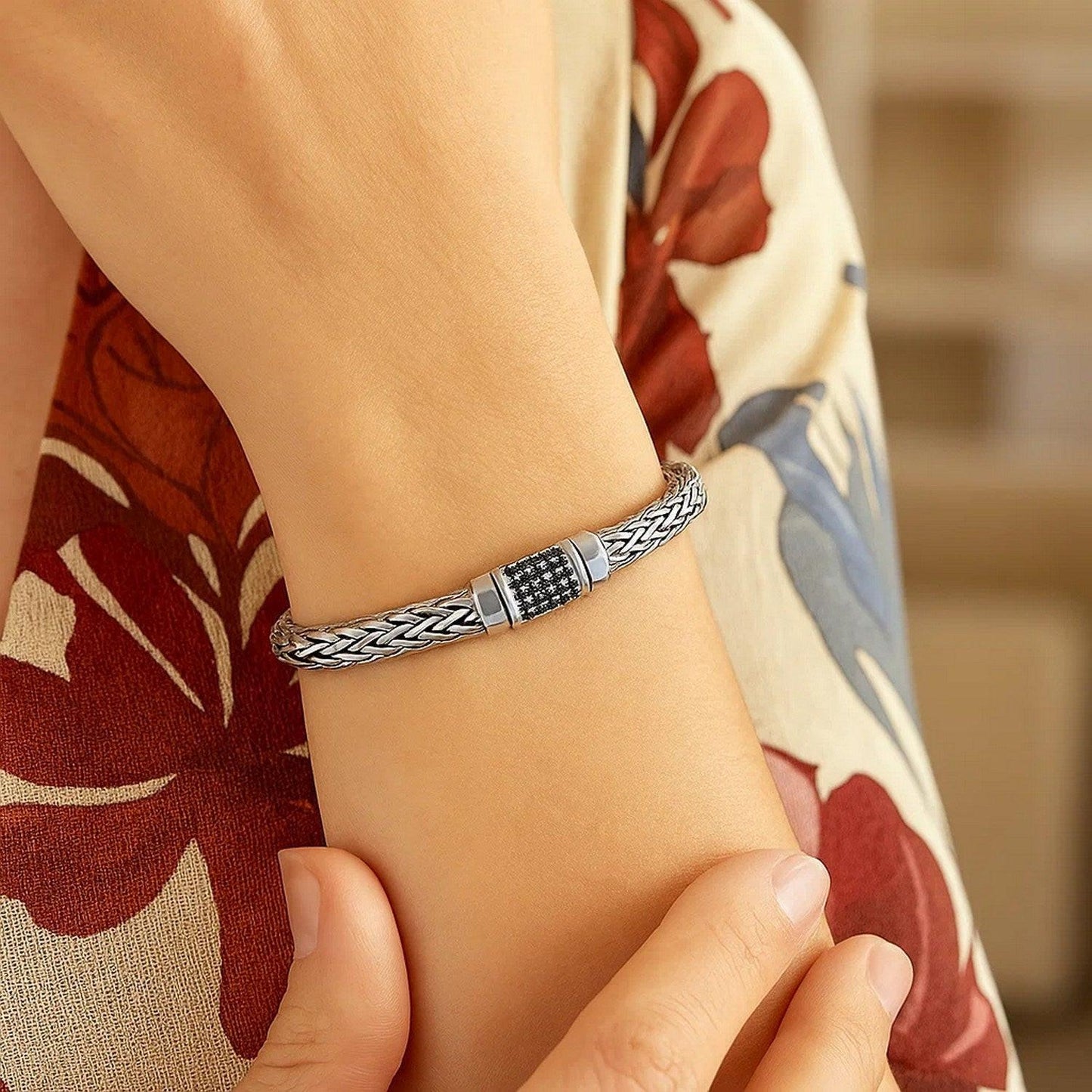 Sterling Silver Weave Style Bracelet with Black Sapphire Accents (7.10 mm)