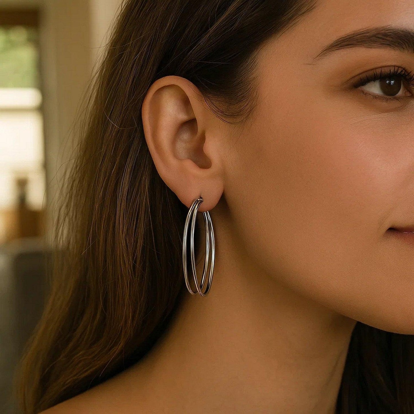 Sterling Silver Double Row Split Skinny Hoop Earrings