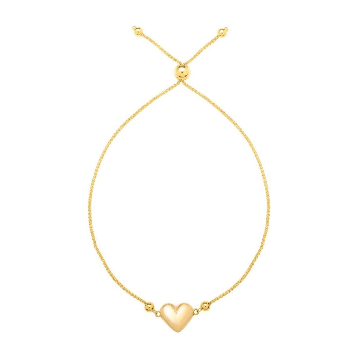 Adjustable Puffed Heart Draw String Bracelet in 14K Yellow Gold