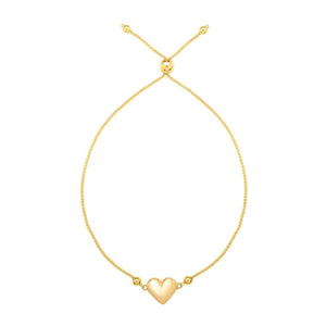 Adjustable Puffed Heart Draw String Bracelet in 14K Yellow Gold
