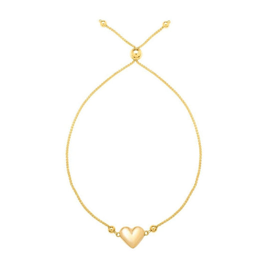 Adjustable Puffed Heart Draw String Bracelet in 14K Yellow Gold