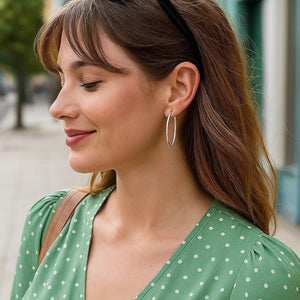 14k White Gold Slim Oval Shape Hoop Earrings