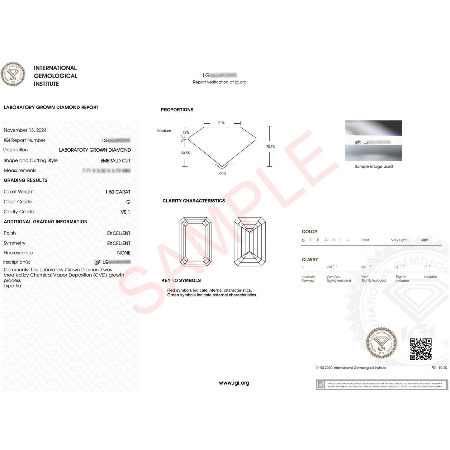 1 1/2 Carat Emerald Lab Grown IGI G/VS1 Diamond Solitaire Ring in 10K White Gold