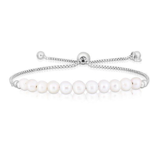 Sterling Silver Rhodium Plated Friendship Freshwater Pearl Drawstring Bracelet