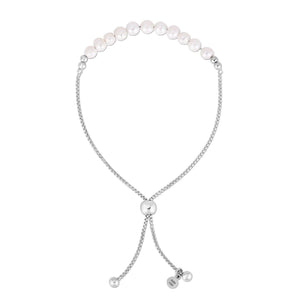 Sterling Silver Rhodium Plated Friendship Freshwater Pearl Drawstring Bracelet