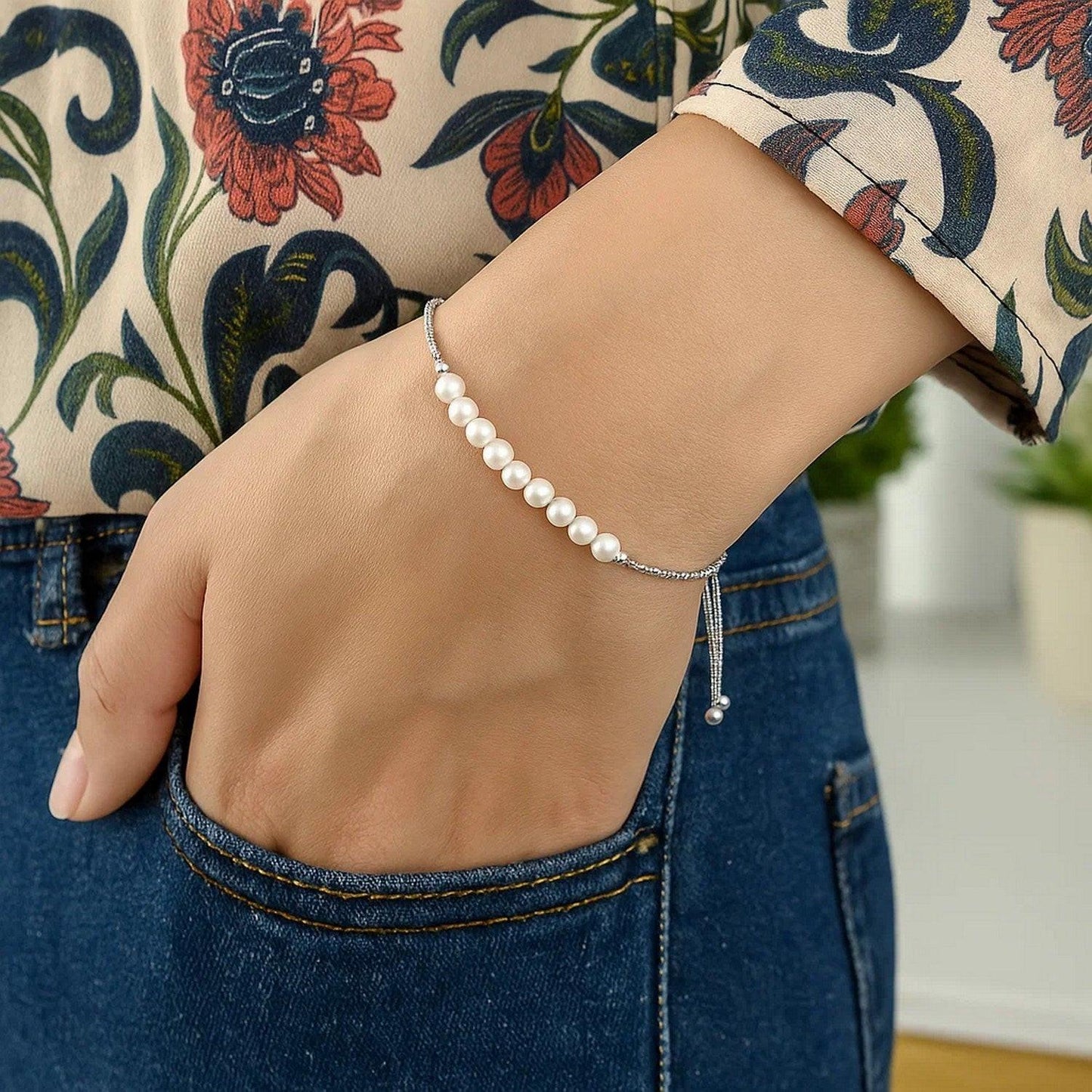 Sterling Silver Rhodium Plated Friendship Freshwater Pearl Drawstring Bracelet
