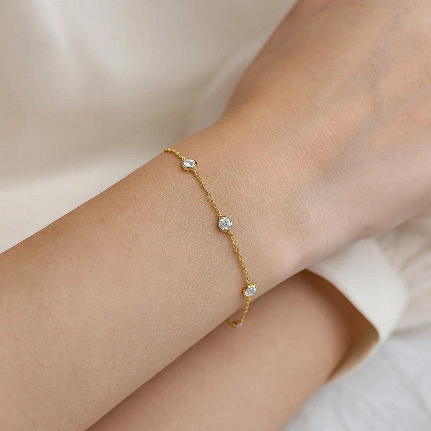 14K Yellow Gold CZ Station Bracelet