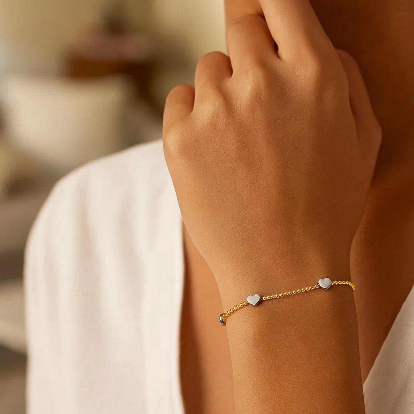 14K Yellow and White Gold Heart Bead Bracelet