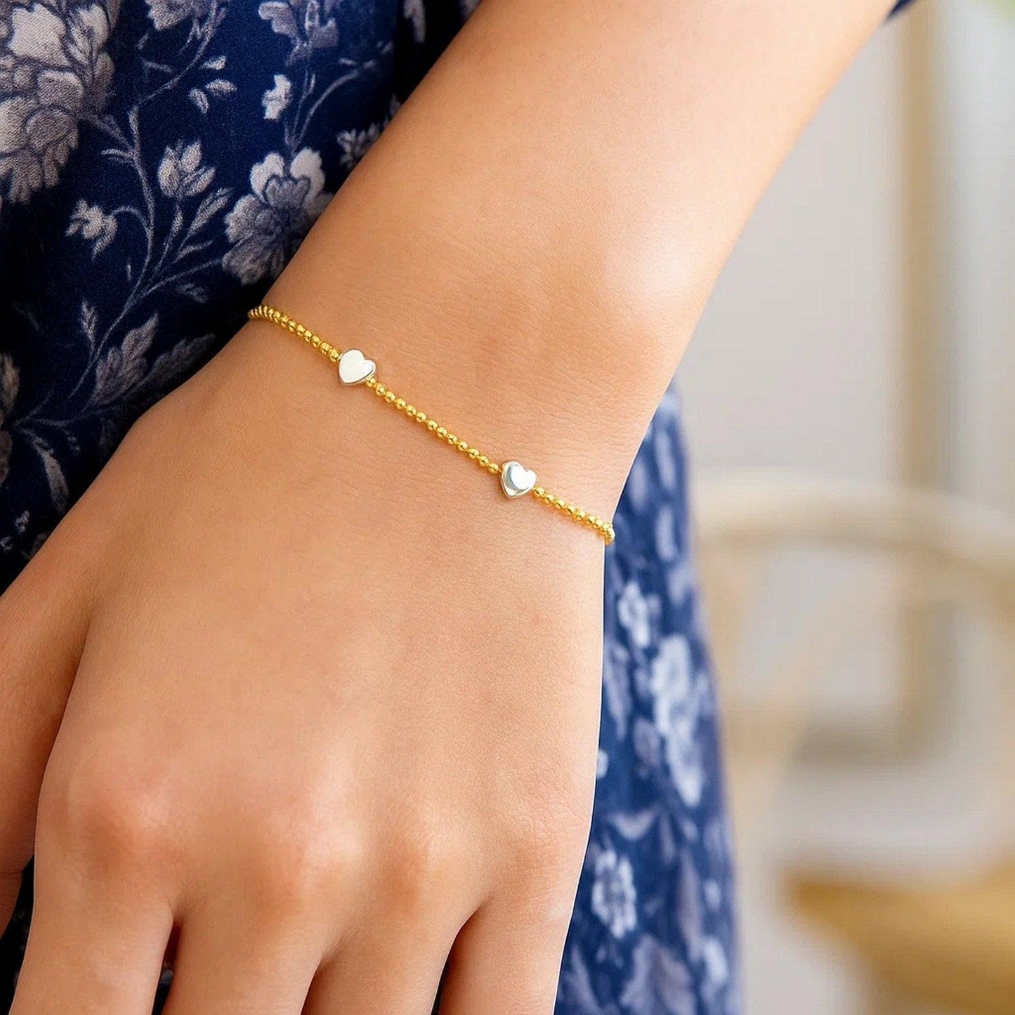14K Yellow and White Gold Heart Bead Bracelet