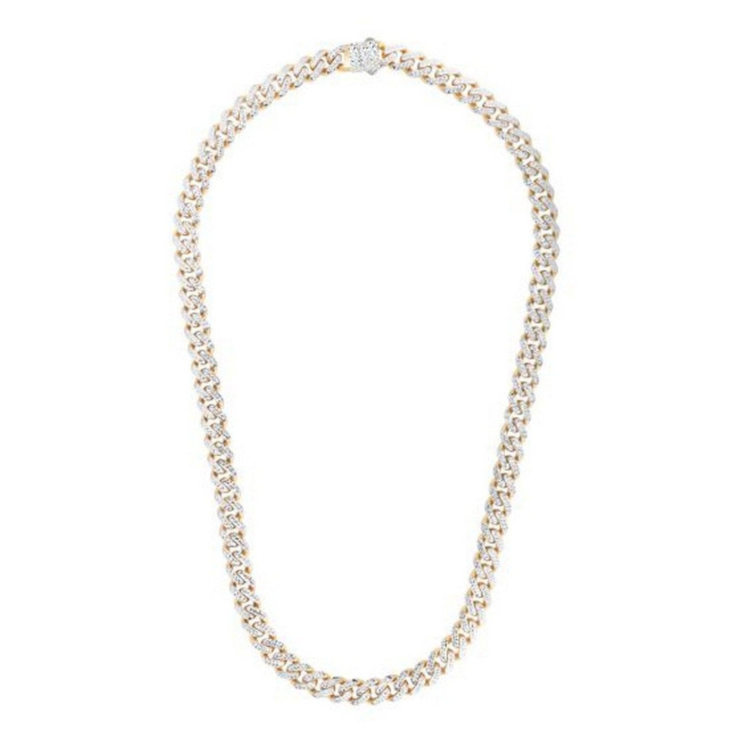 14k Two Tone Gold Miami Cuban Chain Necklace with White Pave