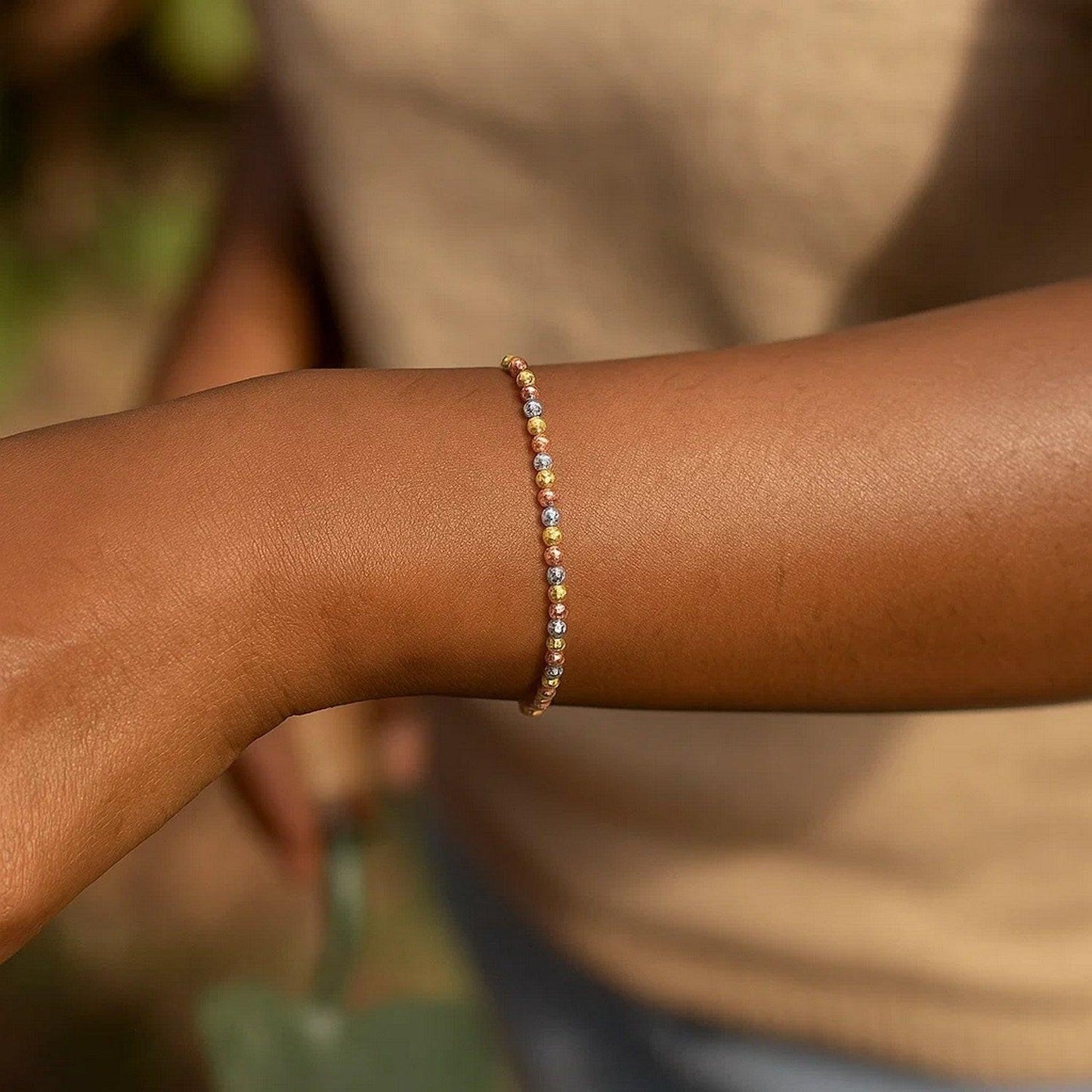 10K Yellow Gold Tricolor Diamond Cut Bead Bracelet