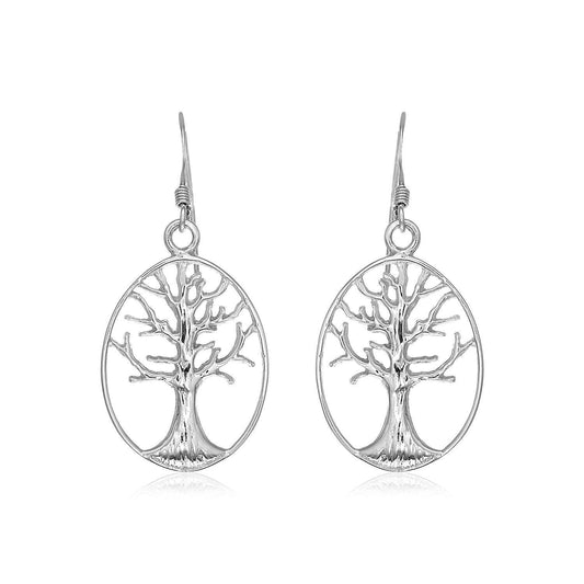 Sterling Silver Oval Round Tree of Life Earrings
