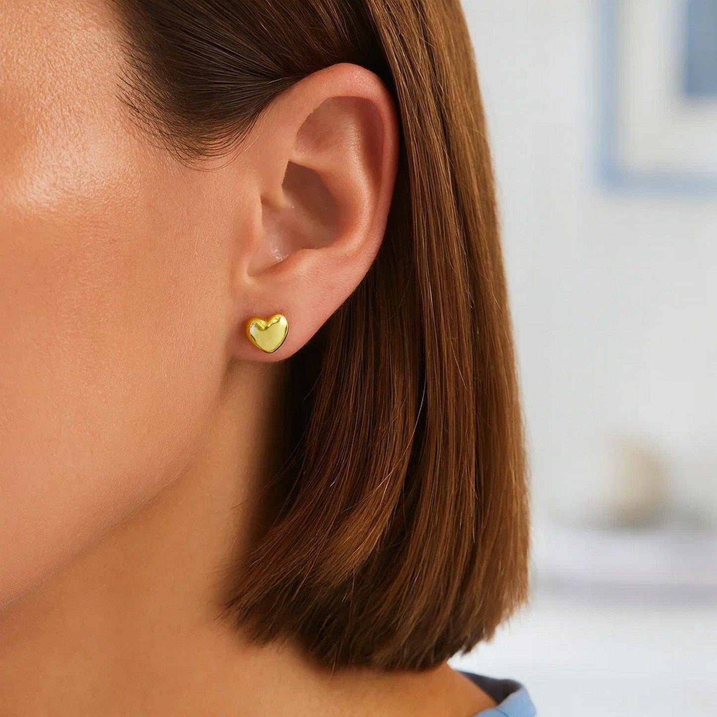 Sterling Silver Yellow Gold Plated Puffed Small Heart Stud Earrings