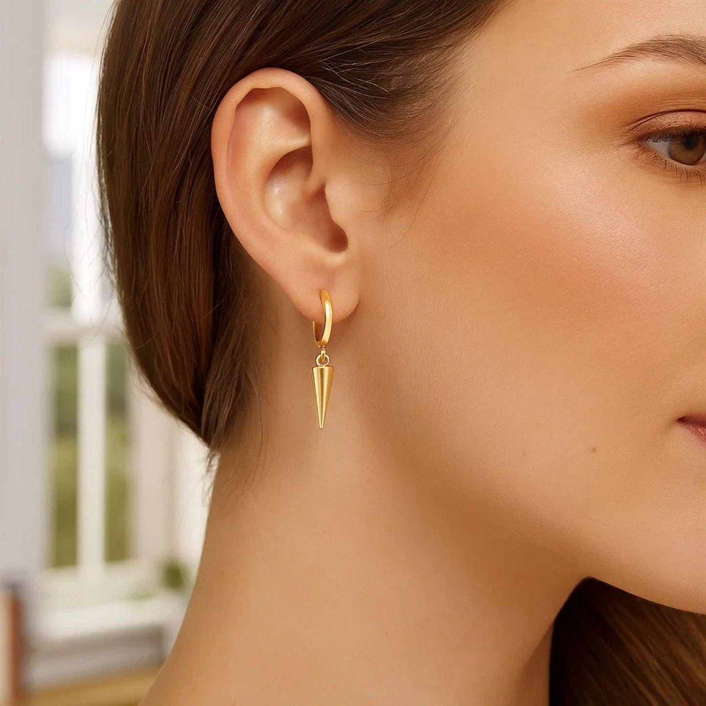 14K Yellow Gold Dangling Spike Drop Hoop Earrings