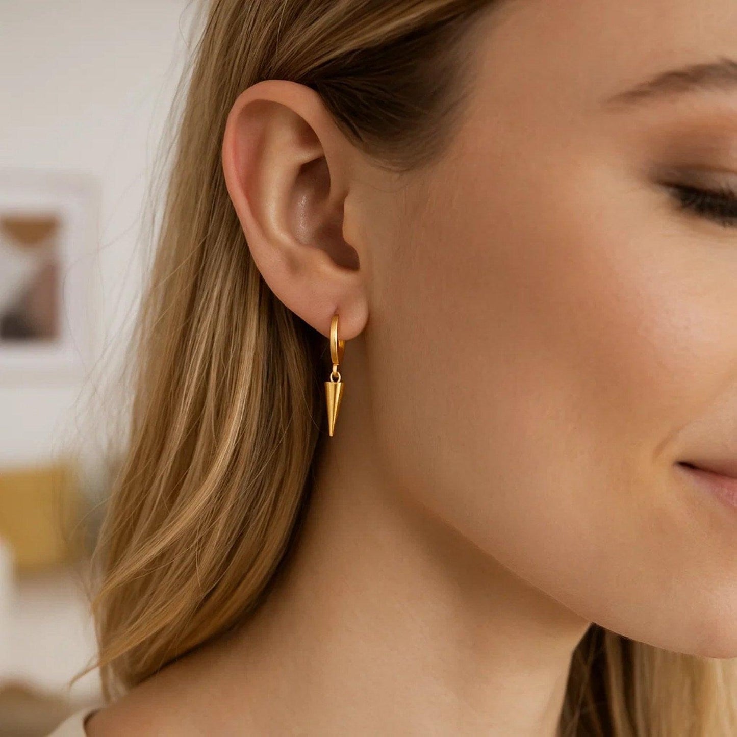 14K Yellow Gold Dangling Spike Drop Hoop Earrings
