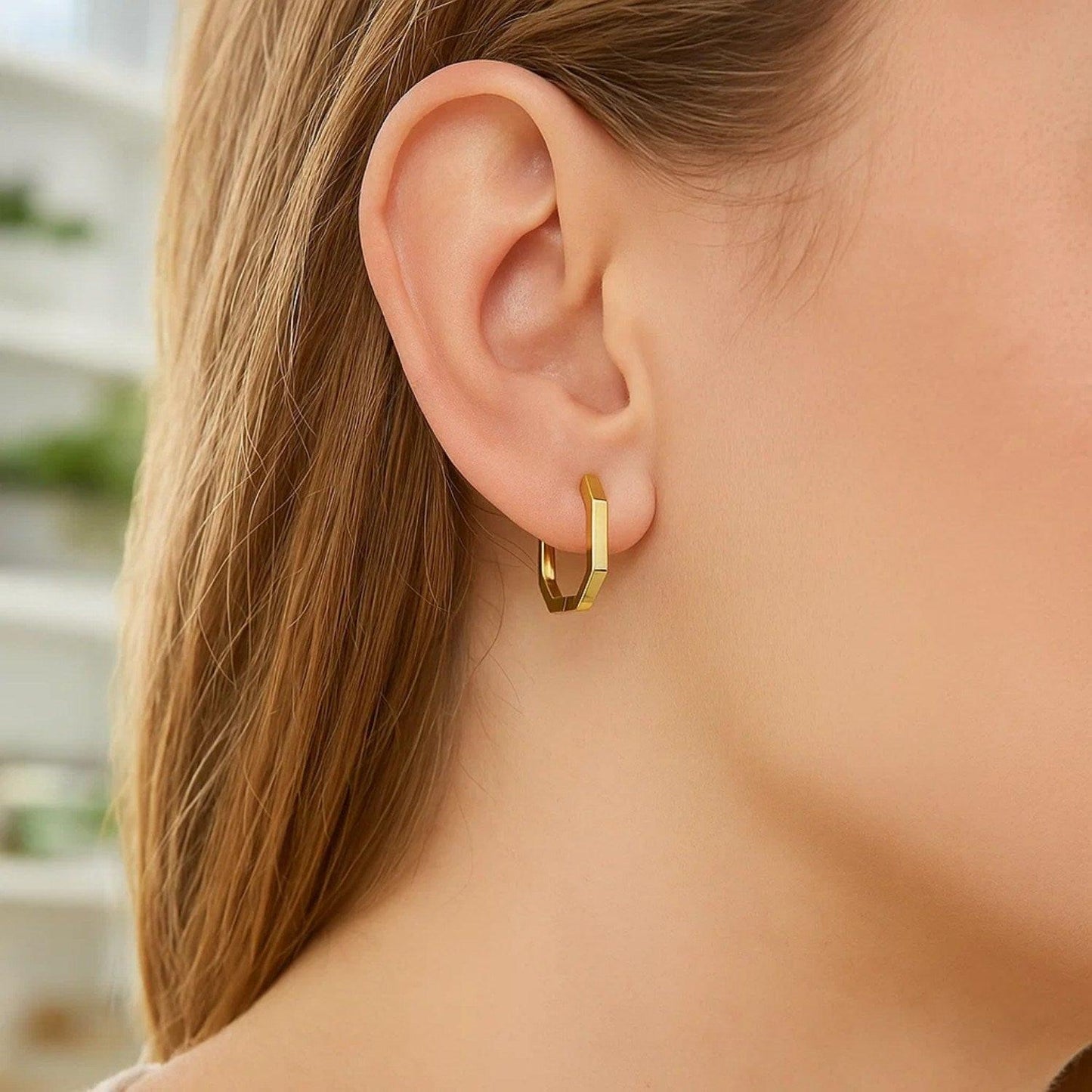 14K Yellow Gold Hexagon Hoop Earrings