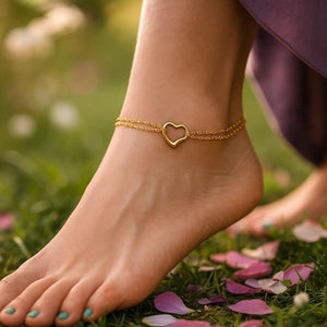 10k Yellow Gold Double Rolo Chain Anklet with an Open Heart Station