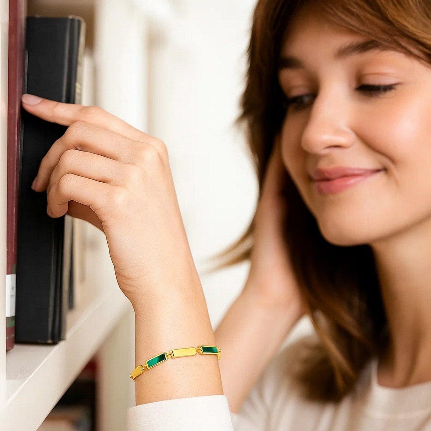 14K Yellow Gold Malachite Rectangle Links Bracelet (3.50 mm)