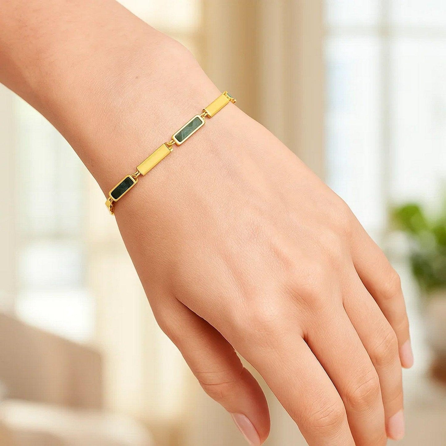 14K Yellow Gold Malachite Rectangle Links Bracelet (3.50 mm)