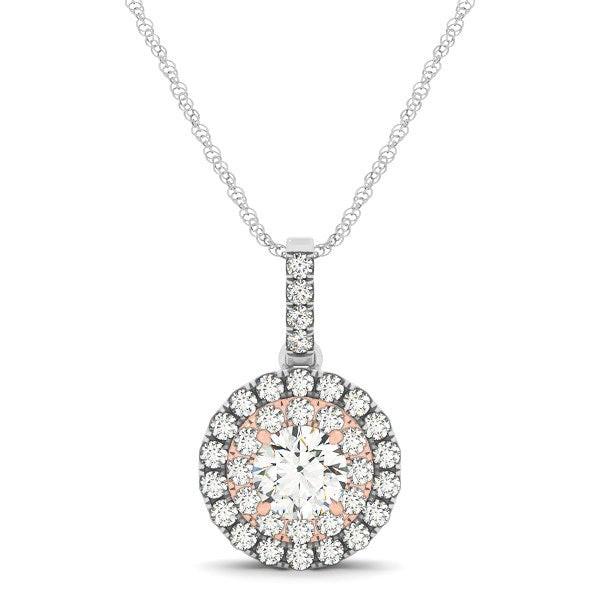 Round Shape Halo Diamond Pendant in 14k White and Rose Gold (1/2 cttw)