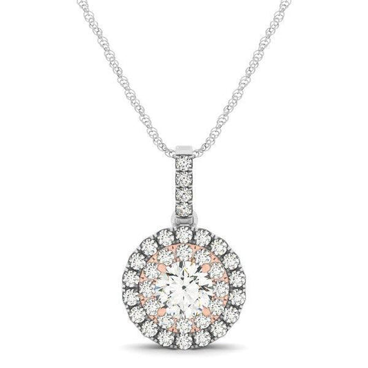 Round Shape Halo Diamond Pendant in 14k White and Rose Gold (1/2 cttw)