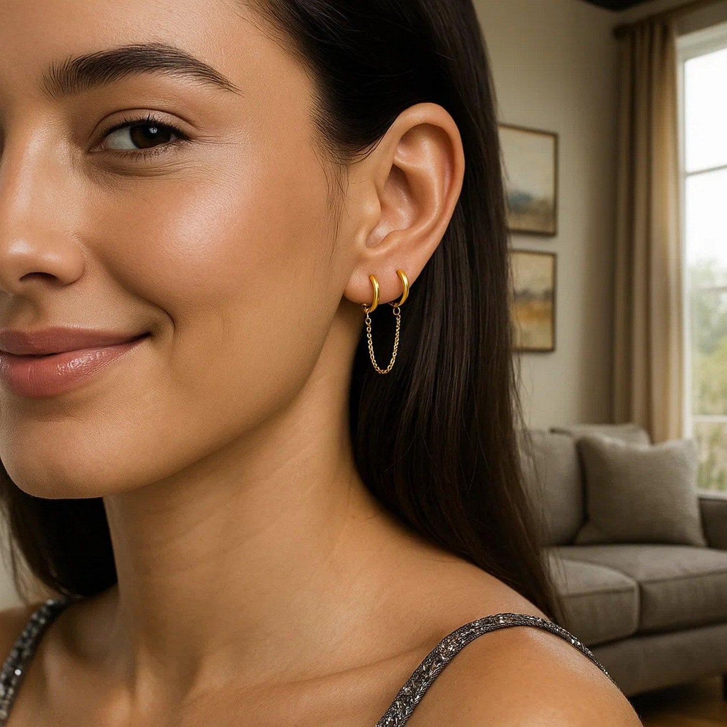 14k Yellow Gold Two Hole Huggie Style Hoop Earrings