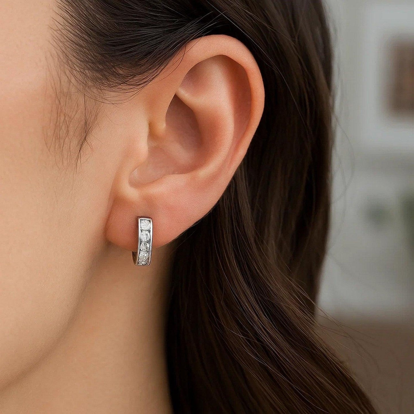 Sterling Silver Petite Hoop Earrings with Cubic Zirconias(3x10mm)