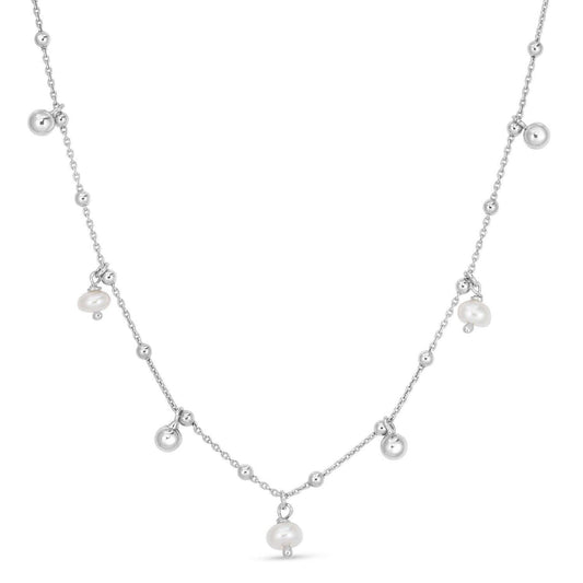 Sterling Silver Rhodium Plated Pearl Station Charm Necklace