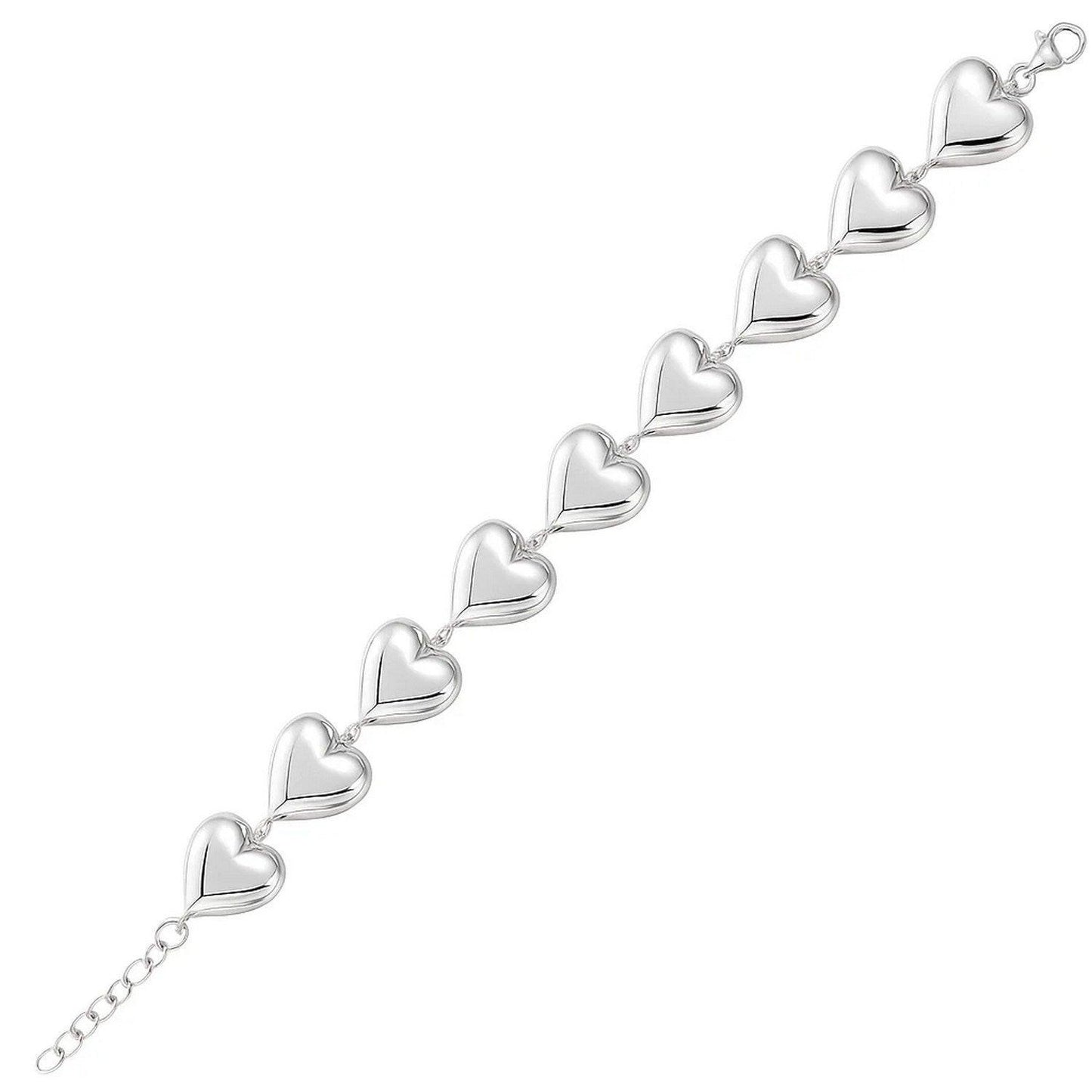 Sterling Silver Rhodium Plated Puffed Hearts Bracelet