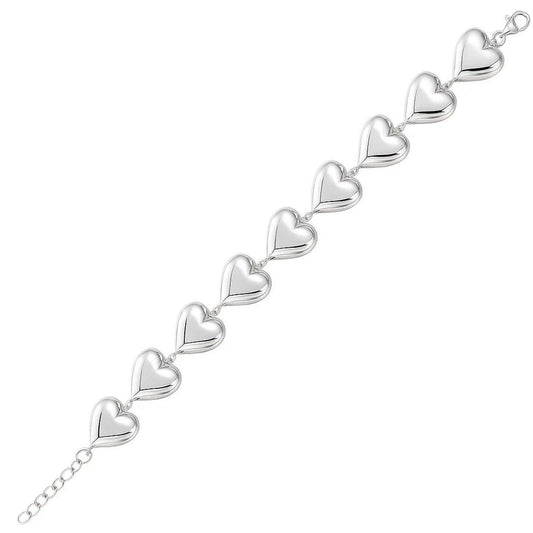 Sterling Silver Rhodium Plated Puffed Hearts Bracelet