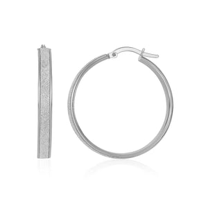 14k White Tone Gold Hoop Style Earrings with Center Glitter Look Design(4x30mm)