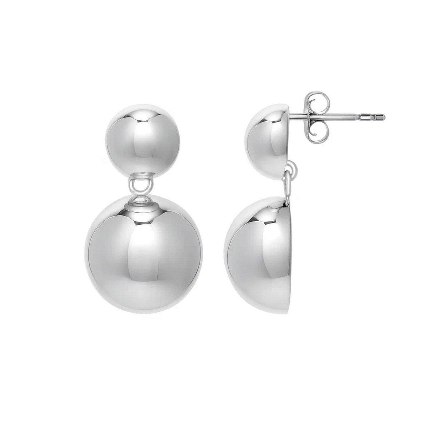 Sterling Silver Rhodium Plated Puffed Round Double Button Drop Earrings